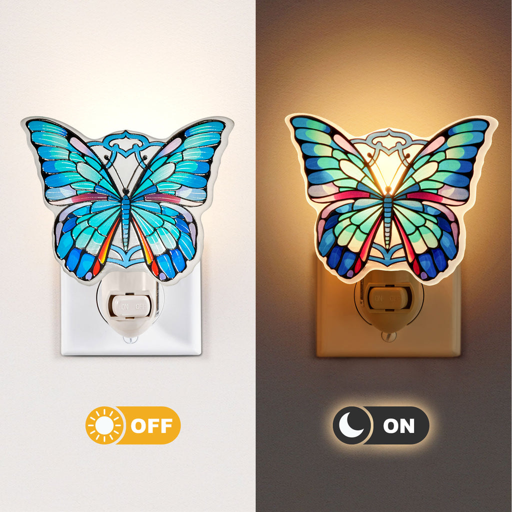 Monarch Blue Butterfly Stained Glass Night Light