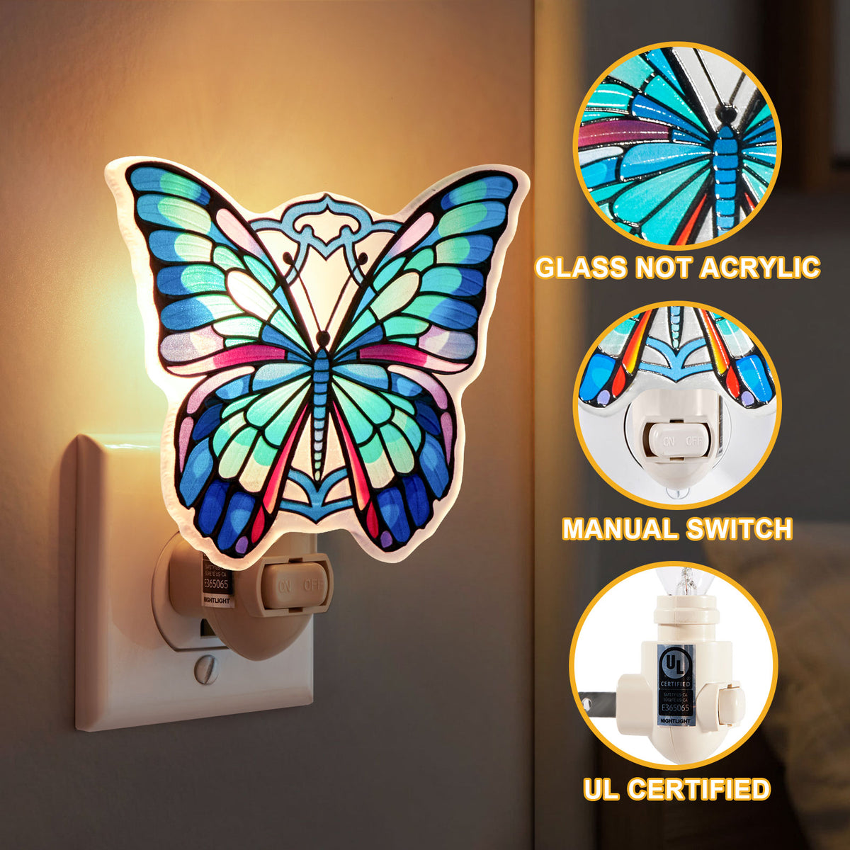 Monarch Blue Butterfly Stained Glass Night Light